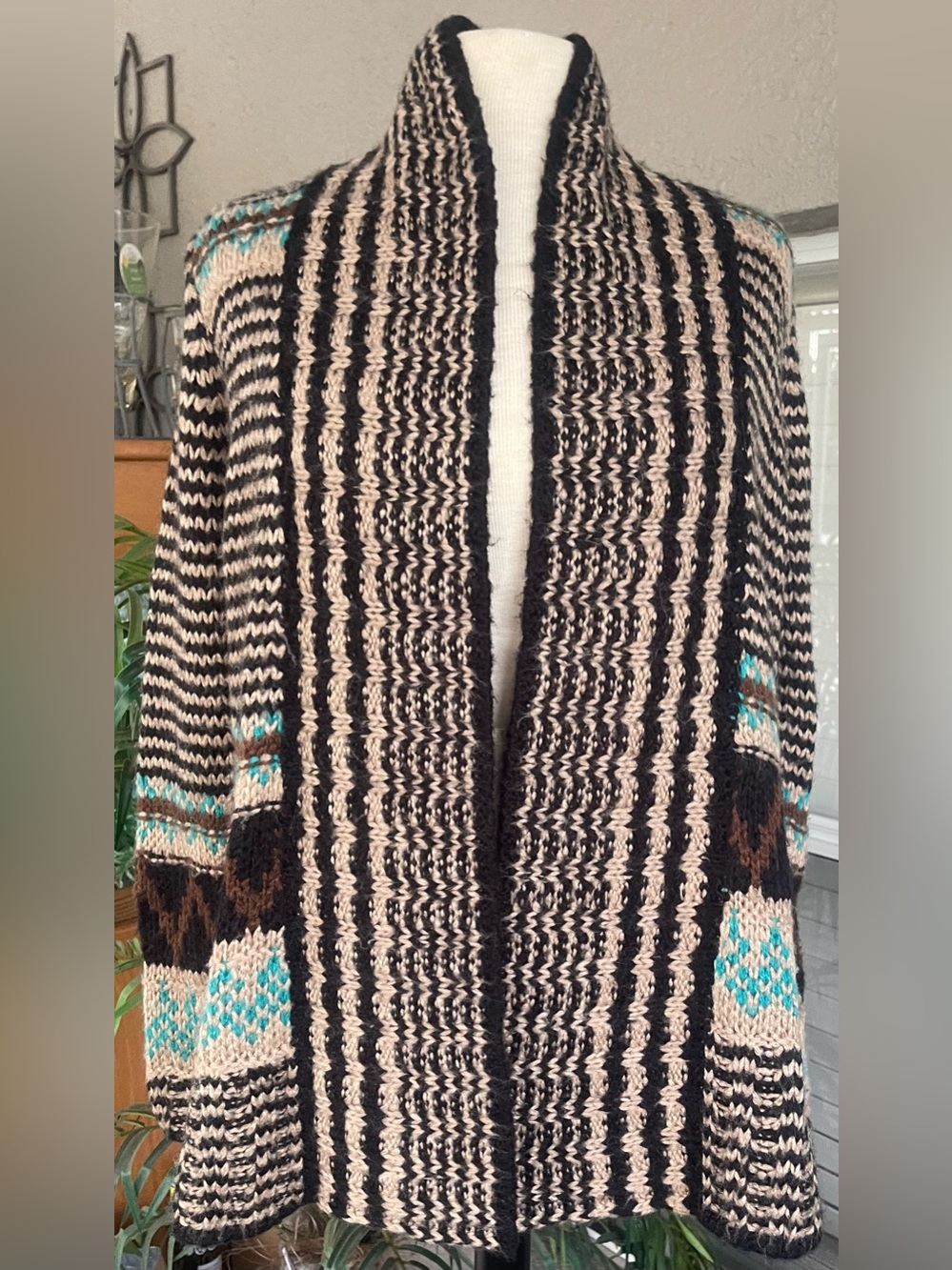 Pink Republic Black & Cream Striped Open-Front Cardigan with Teal Accents